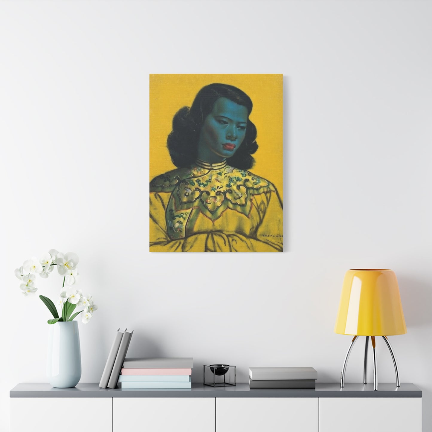 Vintage Portrait Canvas Print — Mid-Century Asian Woman Art on Yellow Background