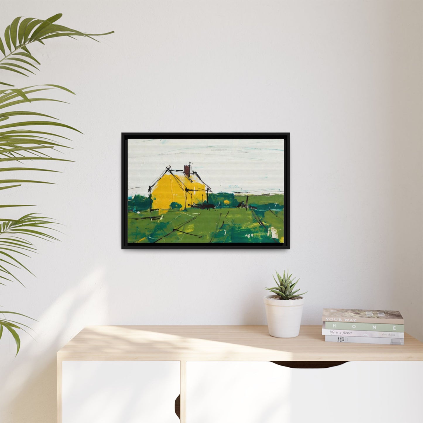 Yellow Cottage Landscape Framed Canvas Print