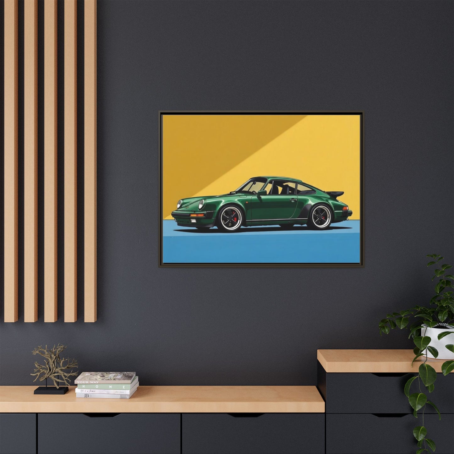 Framed Matte Canvas — Green Sports Car Wall Art