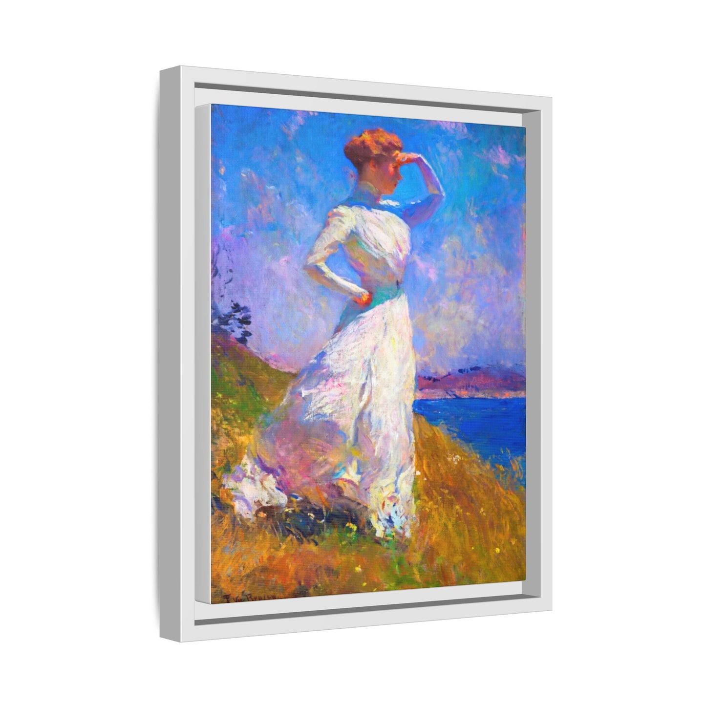 Framed Matte Canvas Art - Woman in White Seaside Impressionist Print