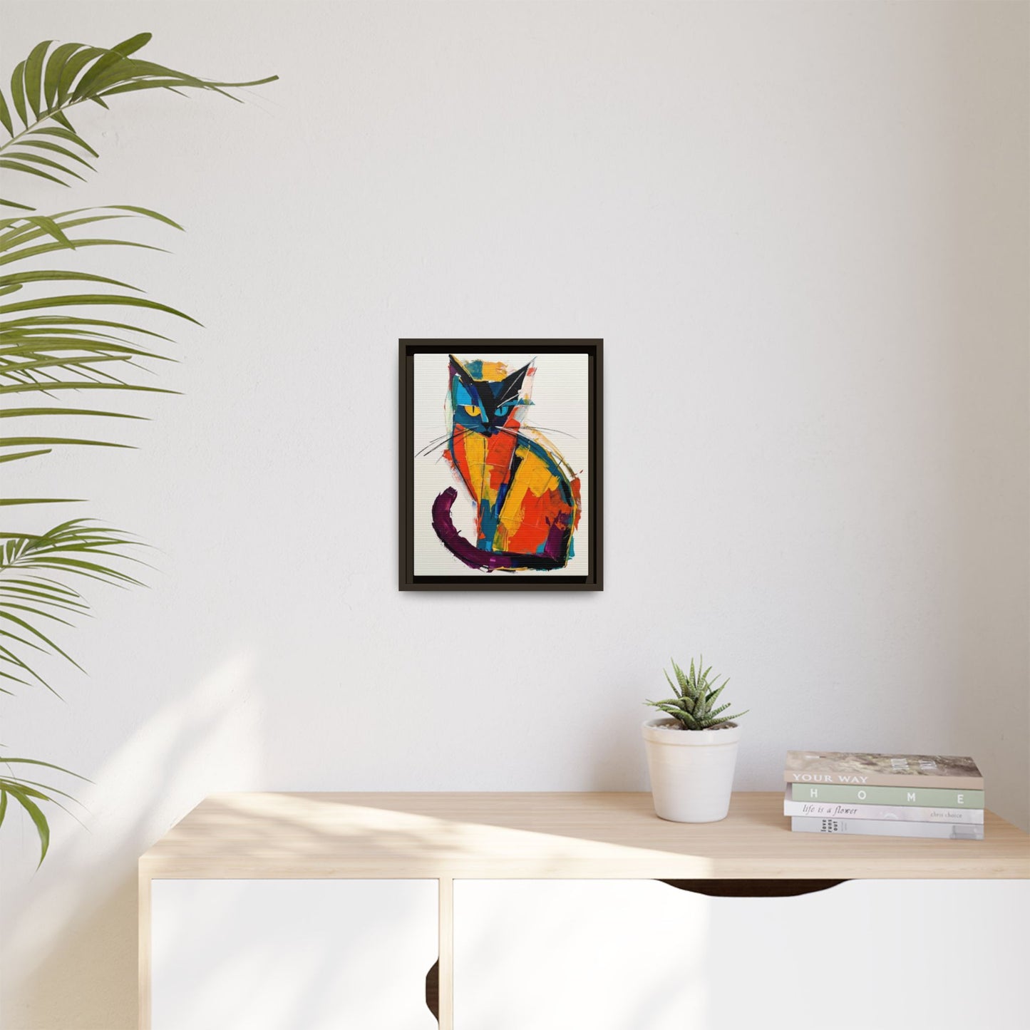 Colorful Abstract Cat Framed Canvas — Modern Matte Wall Art