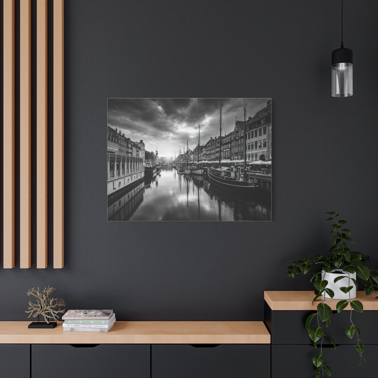 Black & White Harbor Canvas Print — Dramatic Copenhagen Cityscape Wall Art