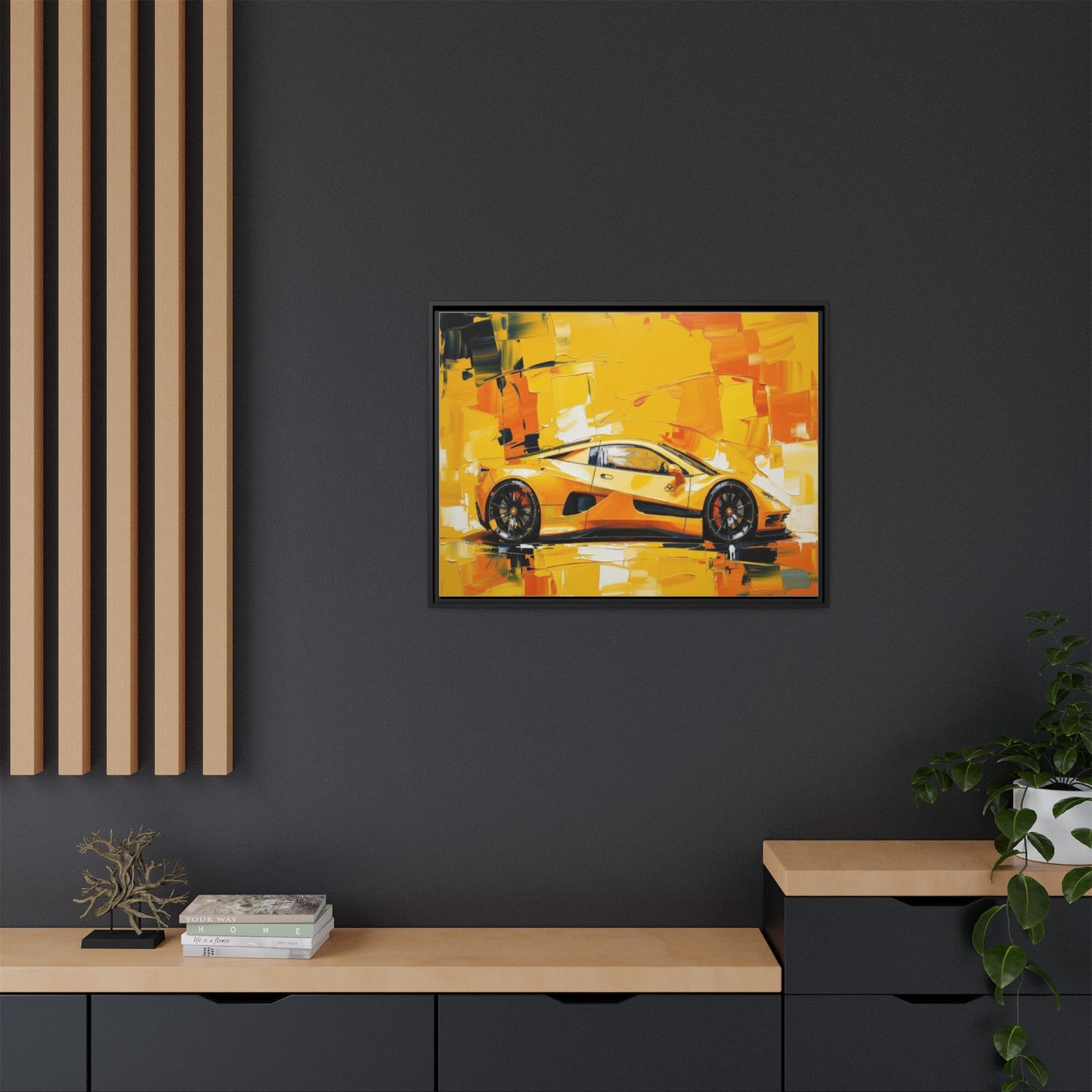 Yellow Sports Car Abstract Matte Canvas Framed Print