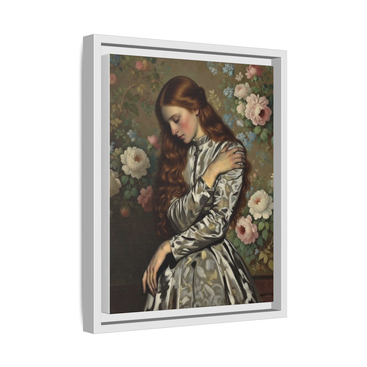 Framed Matte Canvas Art — Vintage Floral Portrait of a Young Woman