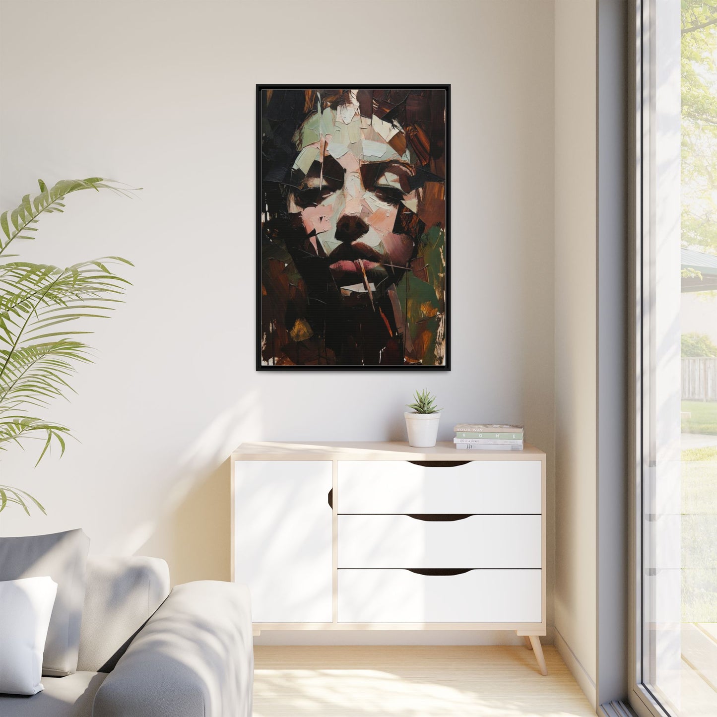 Matte Framed Canvas Art — Abstract Female Portrait, Moody Multicolor