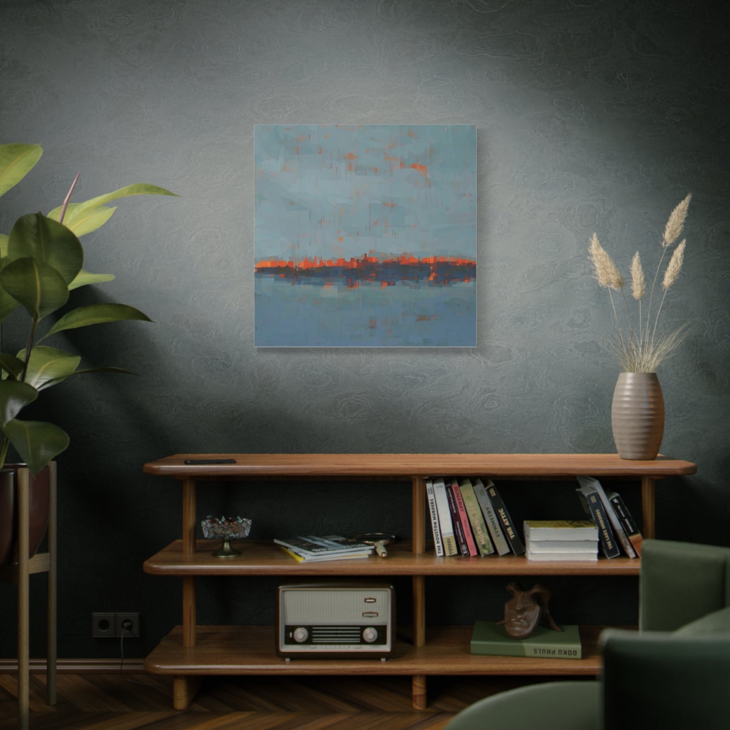 Abstract Coastal Horizon Canvas Print — Blue Teal with Orange Accent