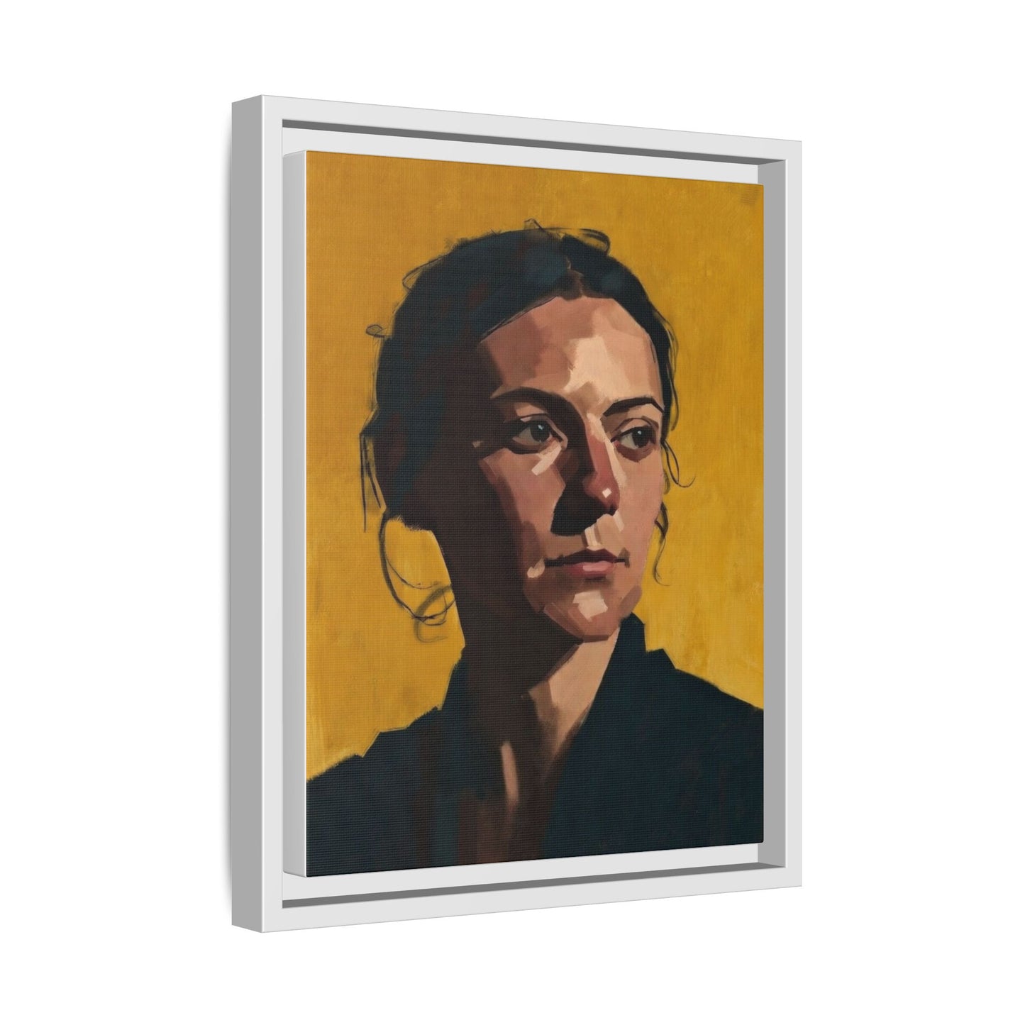 Framed Matte Canvas Portrait Art — Moody Woman on Mustard Background
