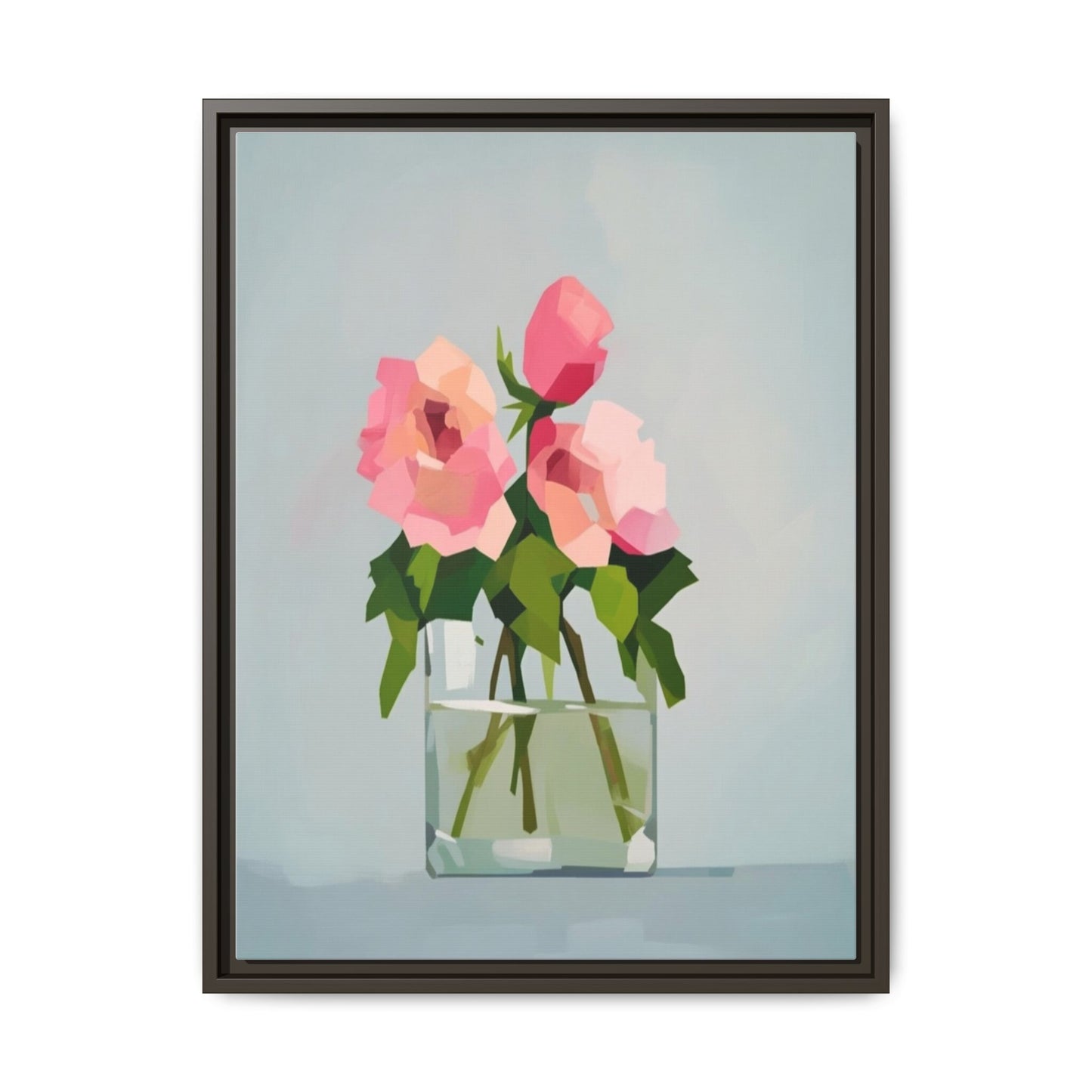 Framed Floral Canvas Print — Pink Roses in Glass Vase (Matte)