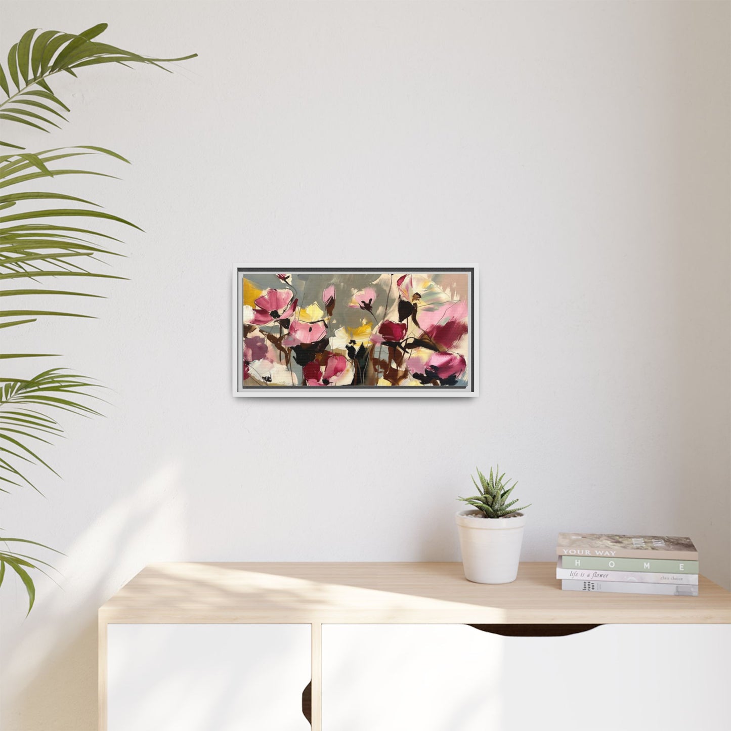 Framed Floral Canvas Wall Art — Abstract Pink & Yellow Flowers