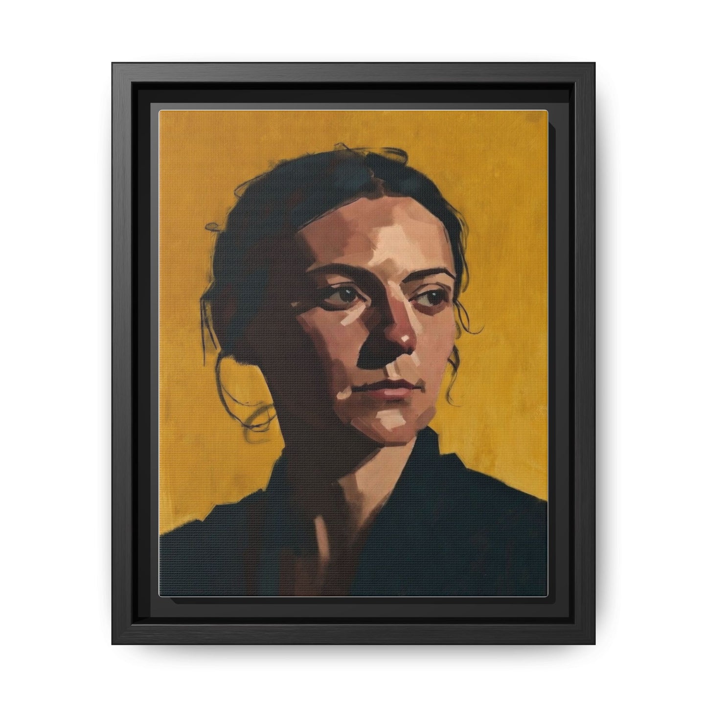 Framed Matte Canvas Portrait Art — Moody Woman on Mustard Background