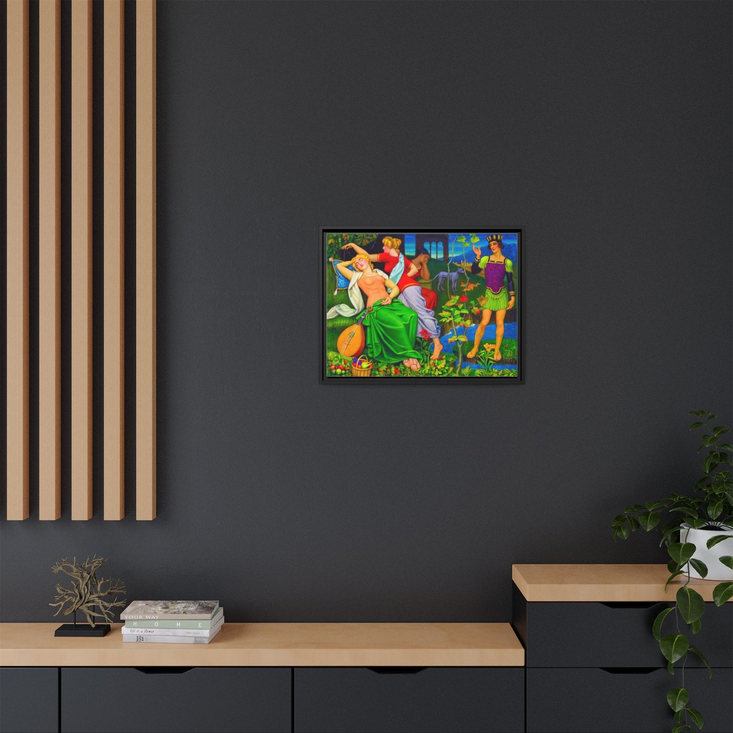 Framed Matte Canvas Art — Colorful Mythic Garden Scene