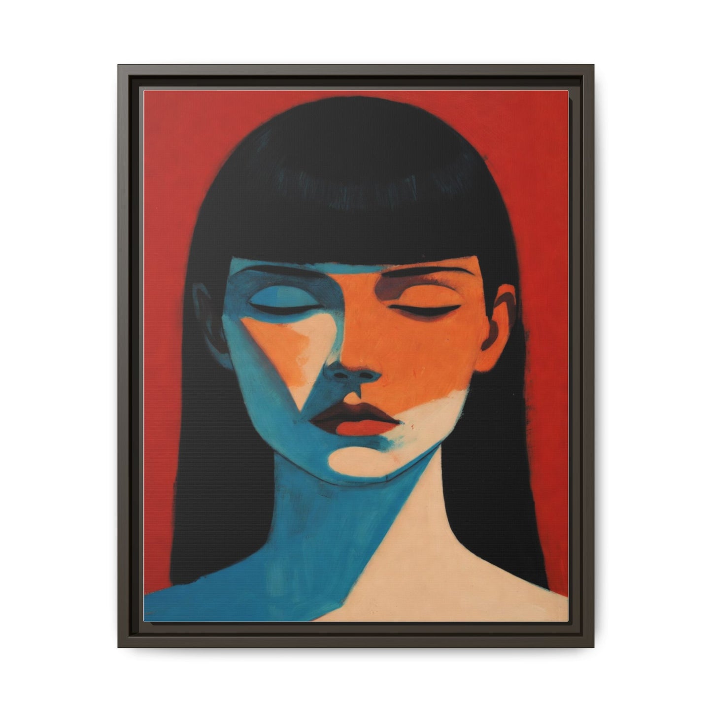 Framed Matte Canvas Art – Minimalist Portrait in Red & Teal