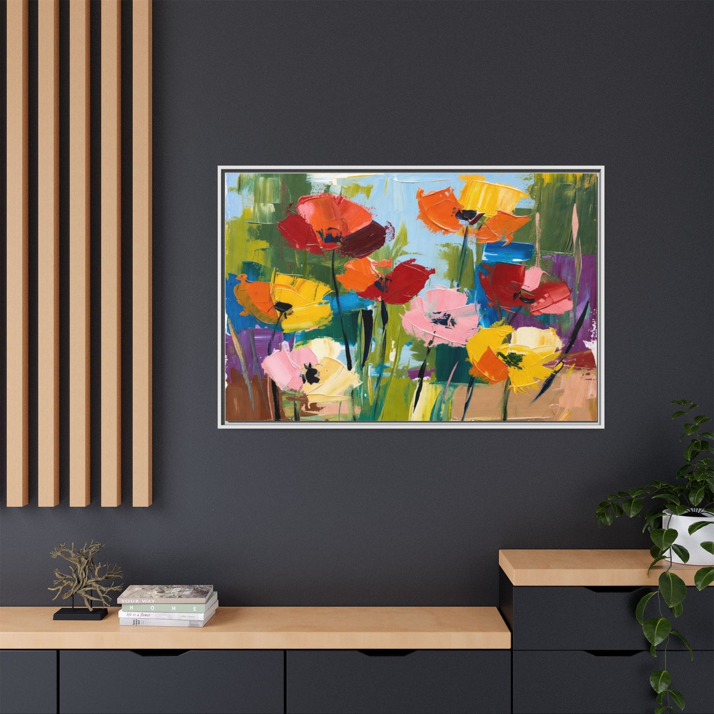 Framed Floral Canvas Print — Colorful Abstract Poppy Artwork