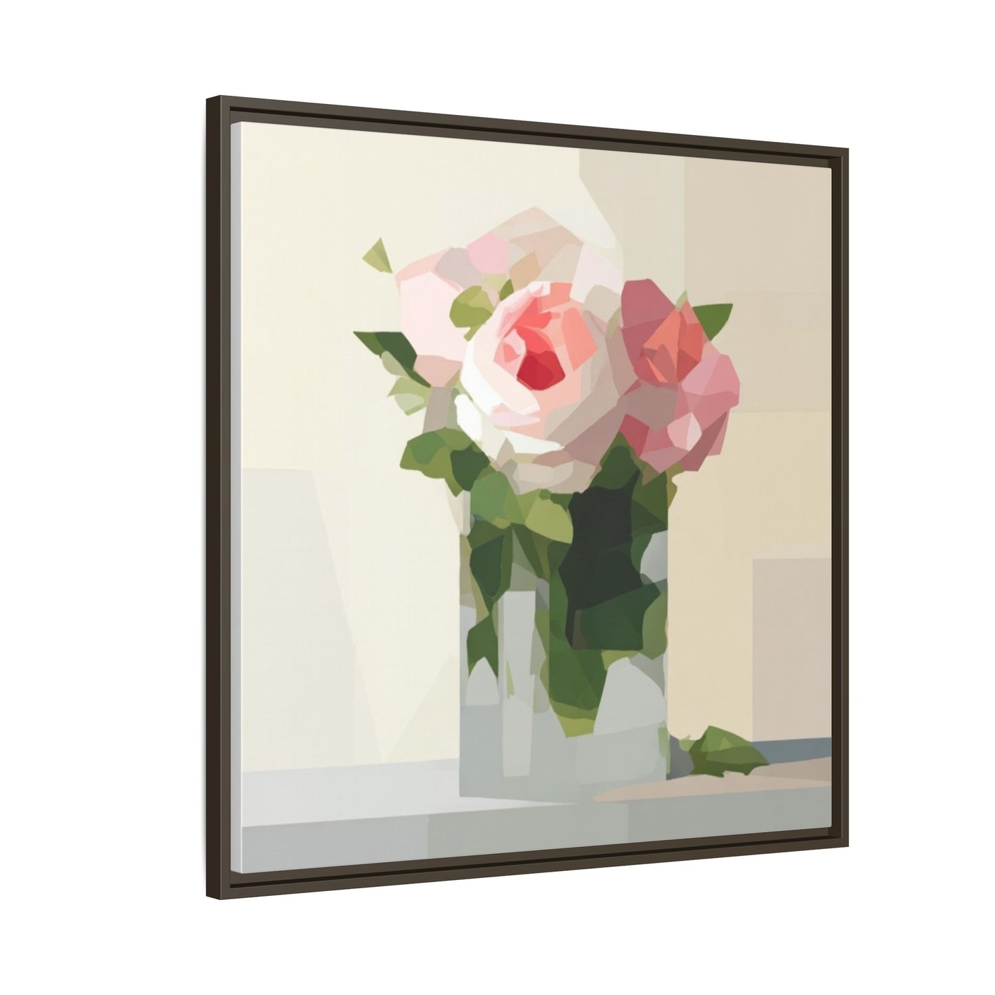 Framed Floral Canvas Print — Geometric Pink Rose Wall Art