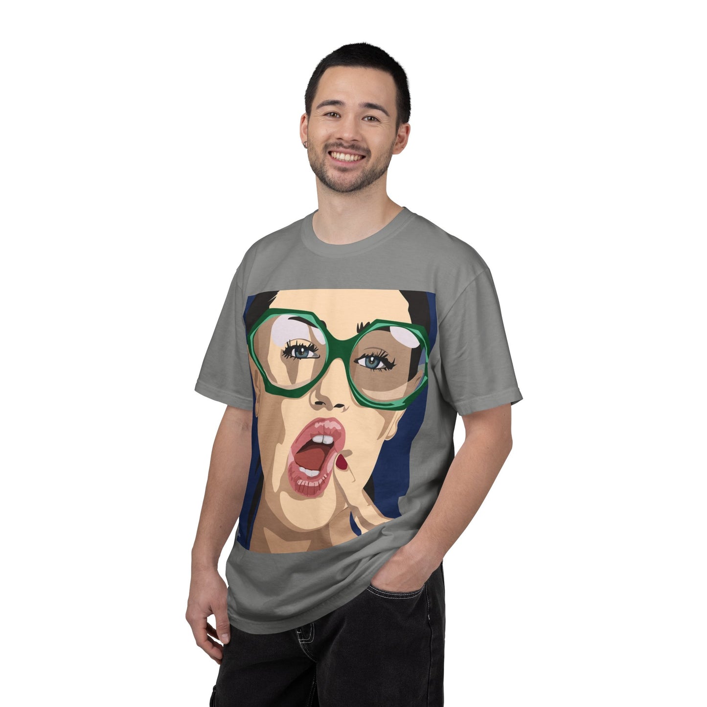 Pop Art Woman Graphic T‑Shirt — Retro Chic Green Glasses Design