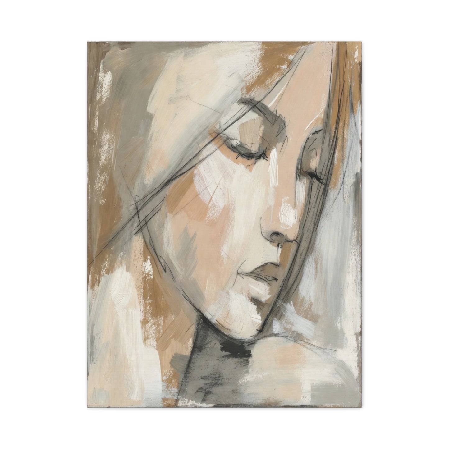 Serene Woman Portrait Matte Canvas Wall Art — Neutral Abstract Face Painting