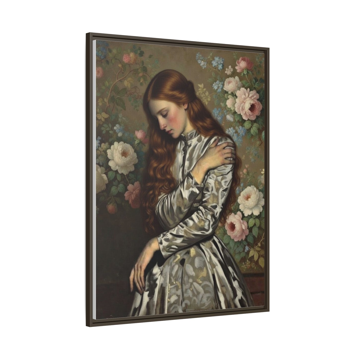 Framed Matte Canvas Art — Vintage Floral Portrait of a Young Woman