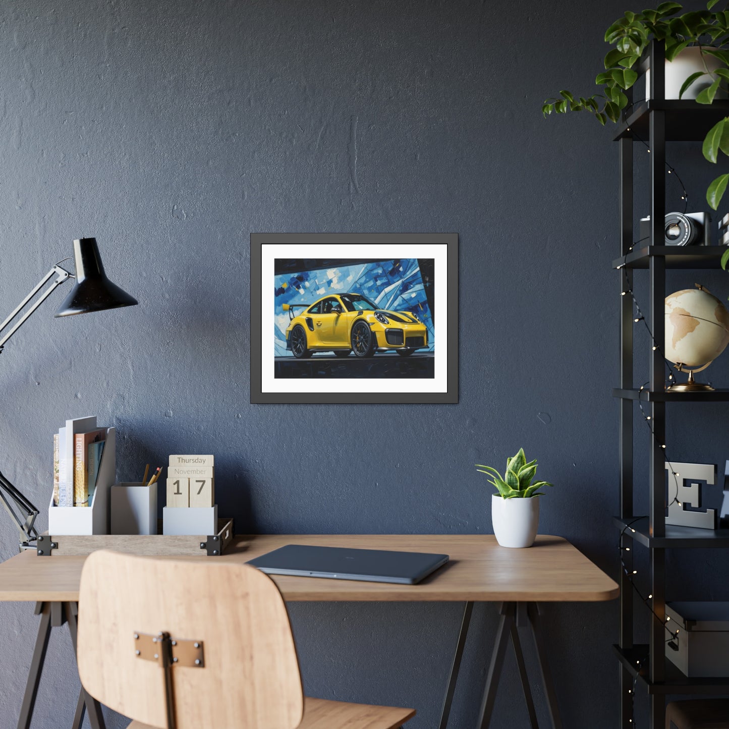 Framed Poster - Yellow Porsche Sports Car Art Print (Modern Automotive Wall Decor)