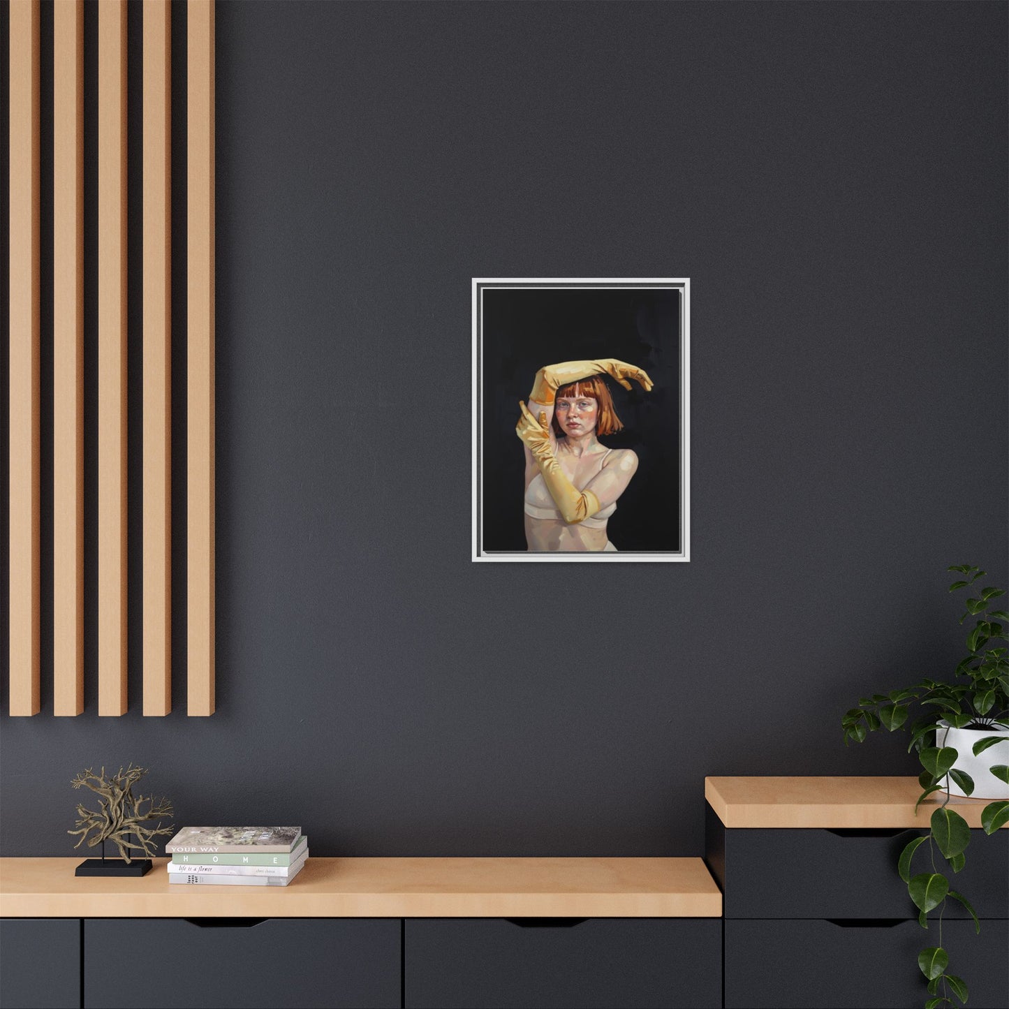 Framed Matte Canvas Art – Portrait of Woman in Yellow Gloves