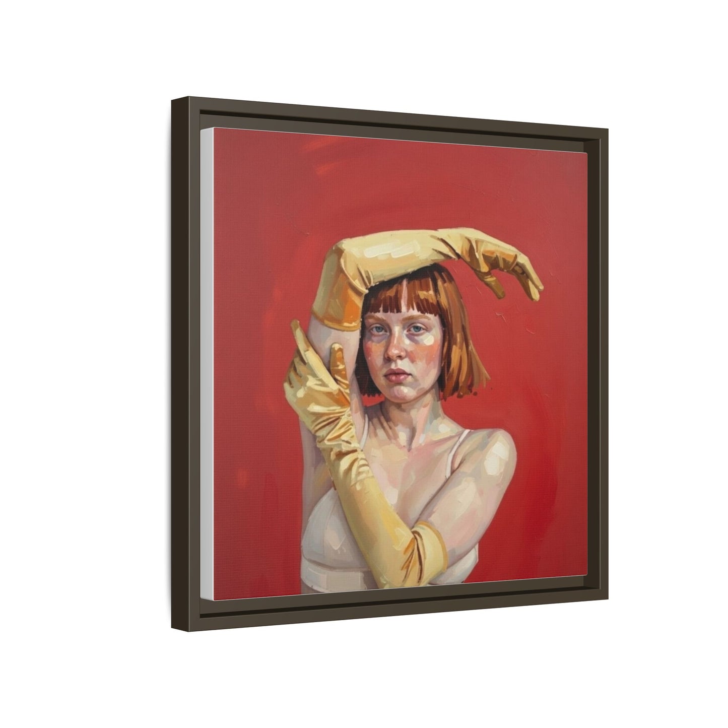 Framed Matte Canvas Art - Portrait of Woman in Yellow Gloves (Red Background)