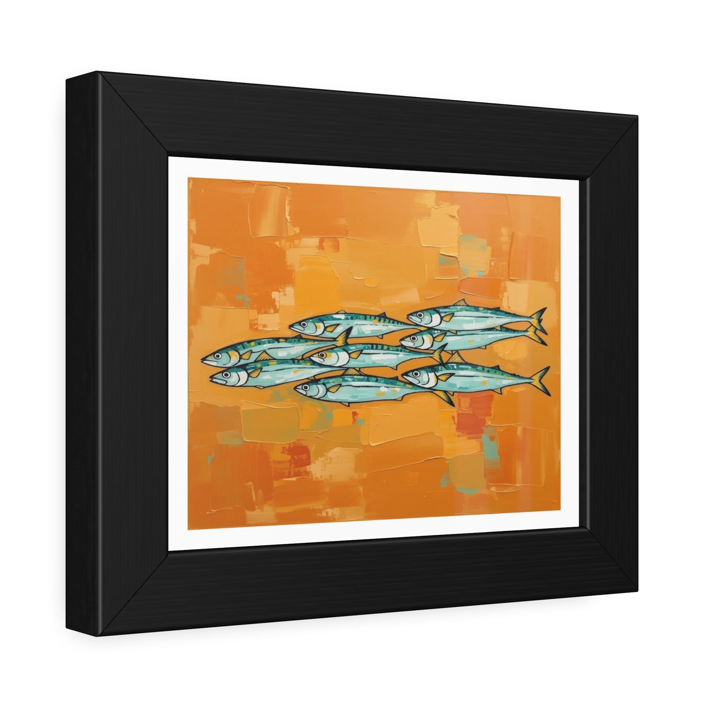 Framed Fish Art Print — School of Mackerel on Orange Abstract Background