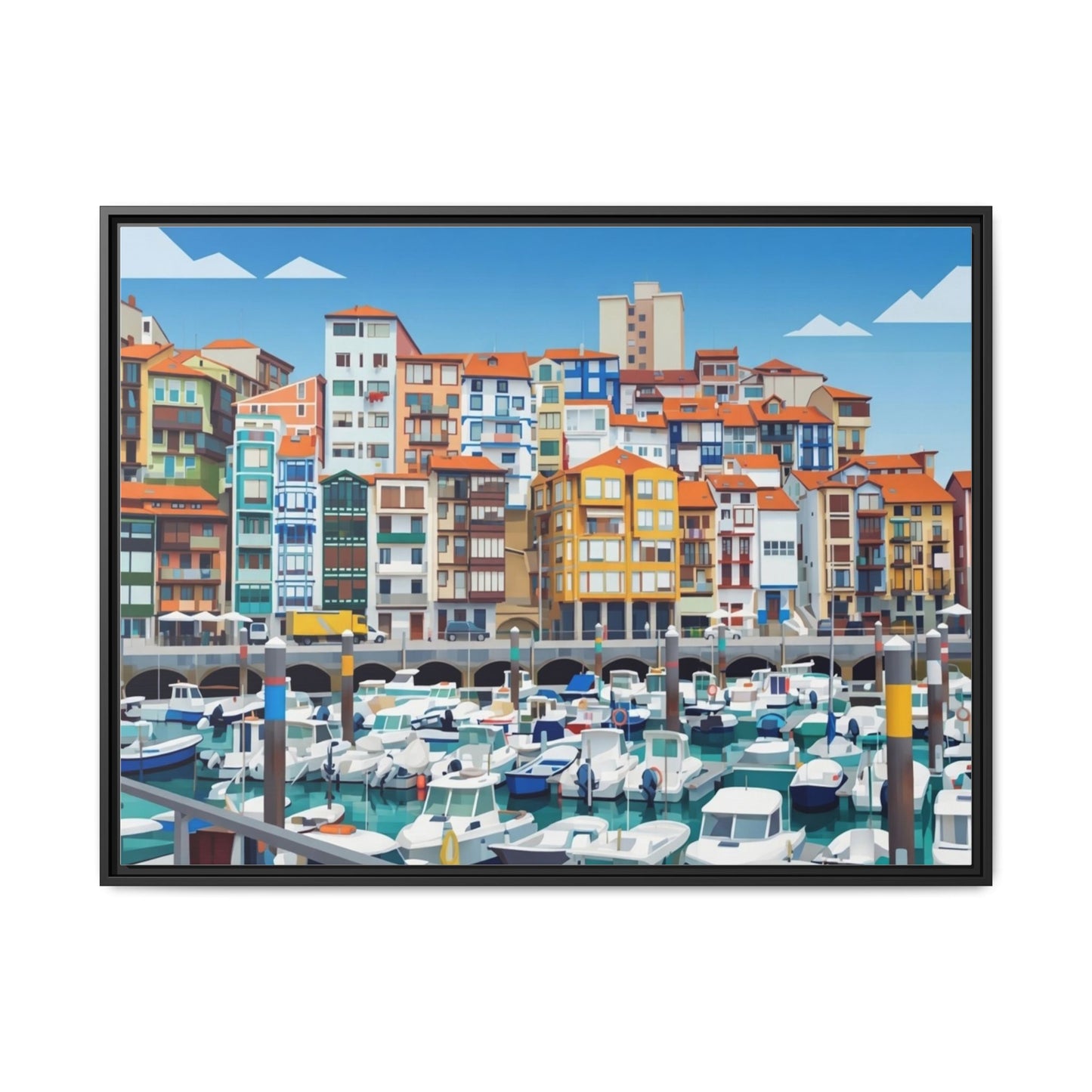 Framed Matte Canvas Print — Colorful Mediterranean Harbor Illustration