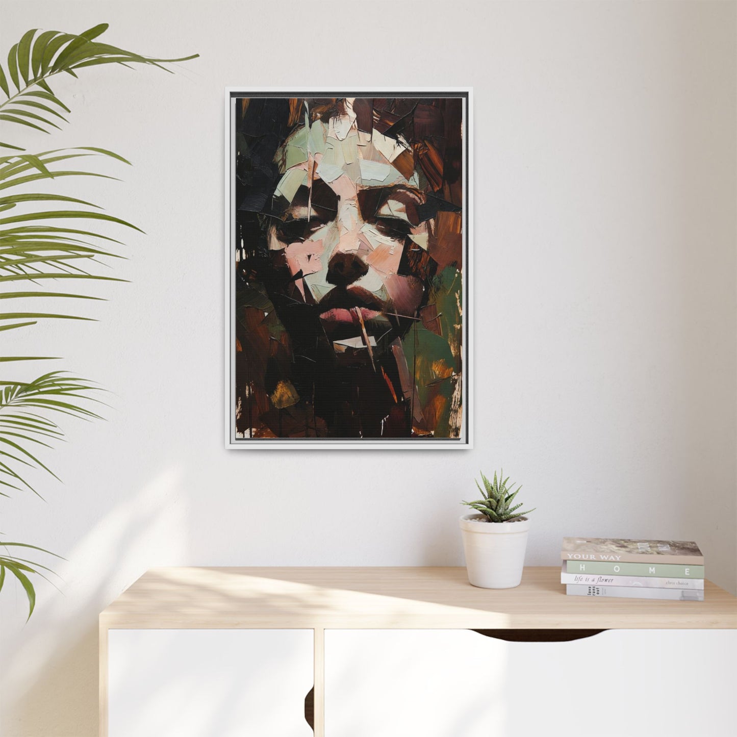 Matte Framed Canvas Art — Abstract Female Portrait, Moody Multicolor