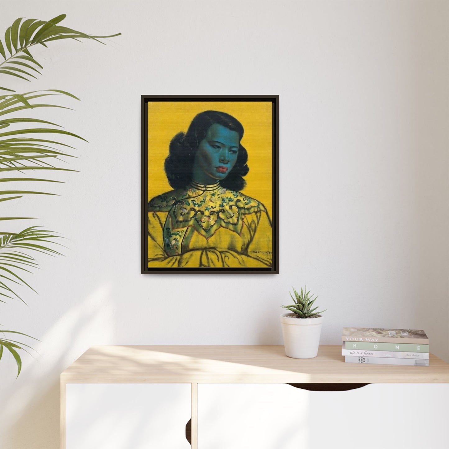 Framed Matte Canvas Art Print — Vintage Portrait with Yellow Background
