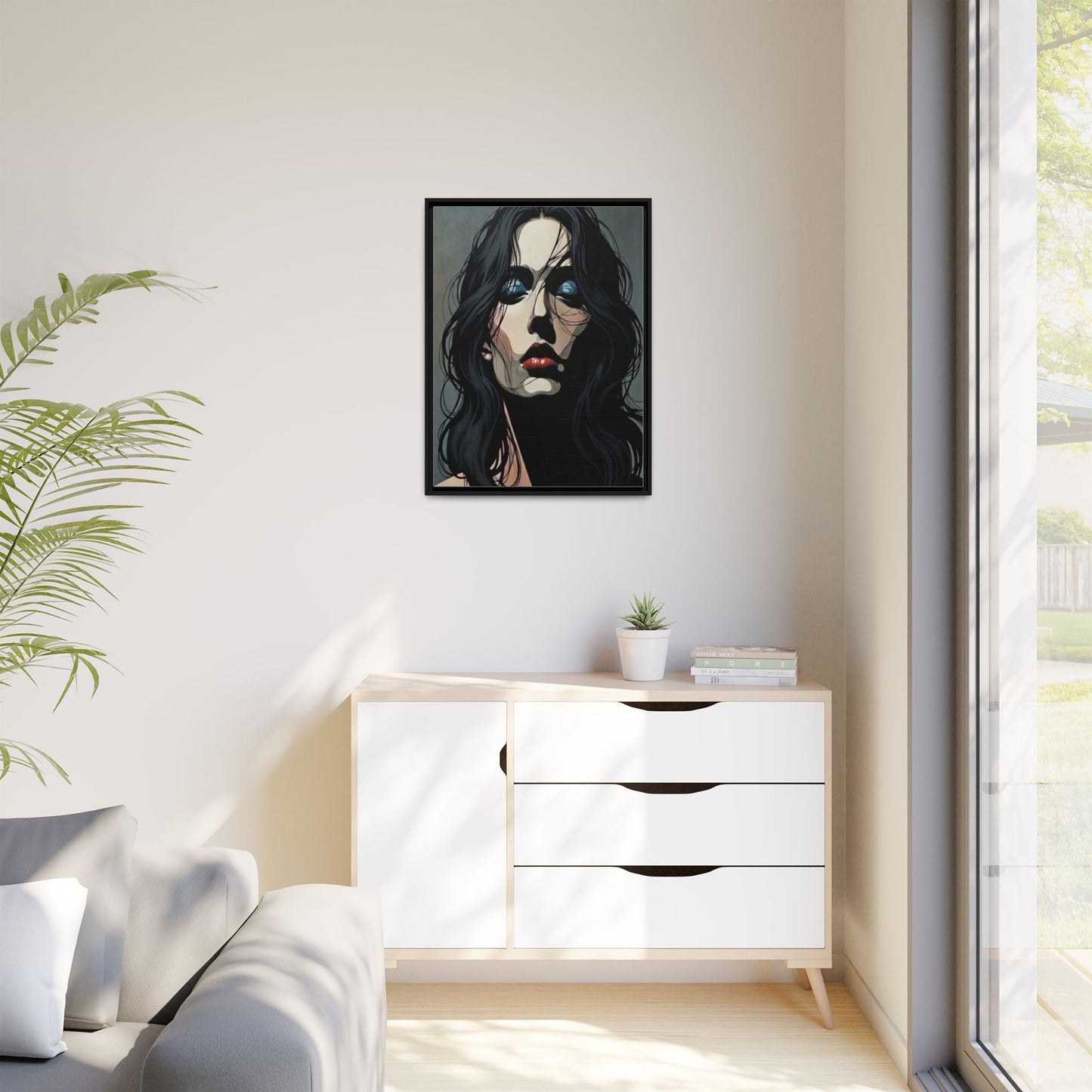 Framed Matte Canvas: Moody Portrait of Woman – Modern Gothic Wall Art