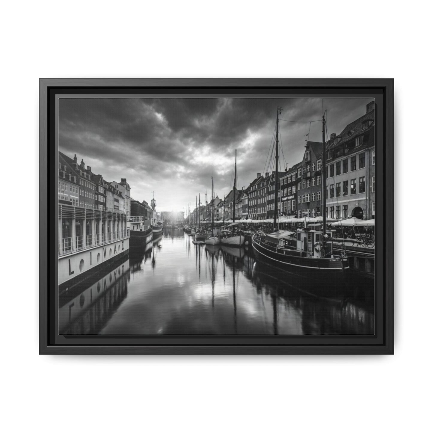 Framed Matte Canvas: Black & White Dutch Canal Photography Wall Art