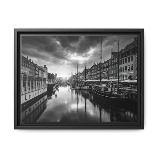 Framed Matte Canvas: Black & White Dutch Canal Photography Wall Art