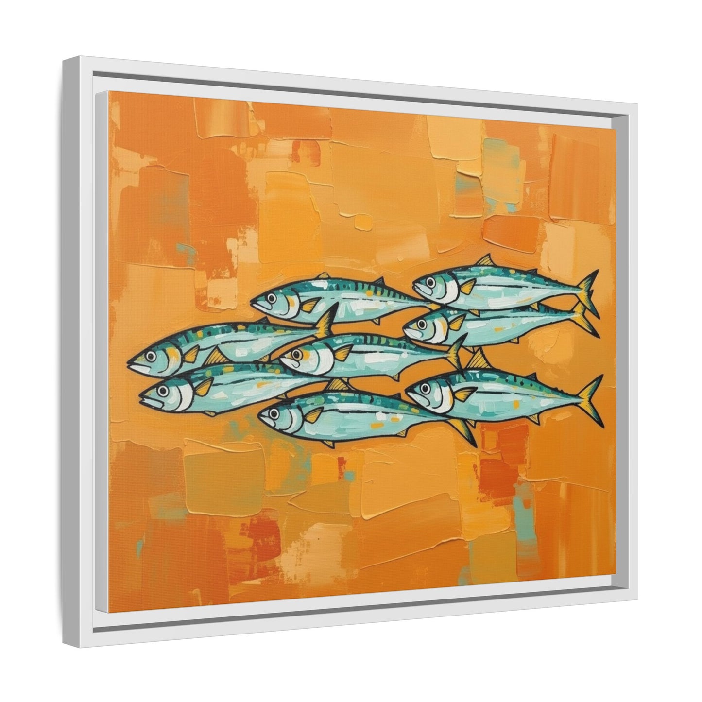 Framed Matte Canvas Print — School of Blue Fish on Orange Abstract Background