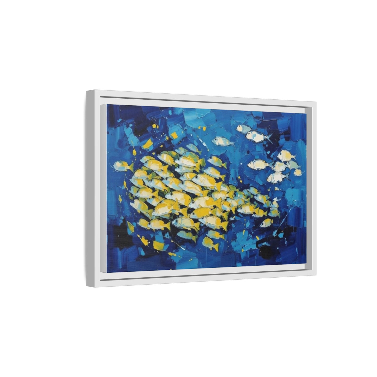 Framed Matte Canvas: Blue School of Fish Wall Art