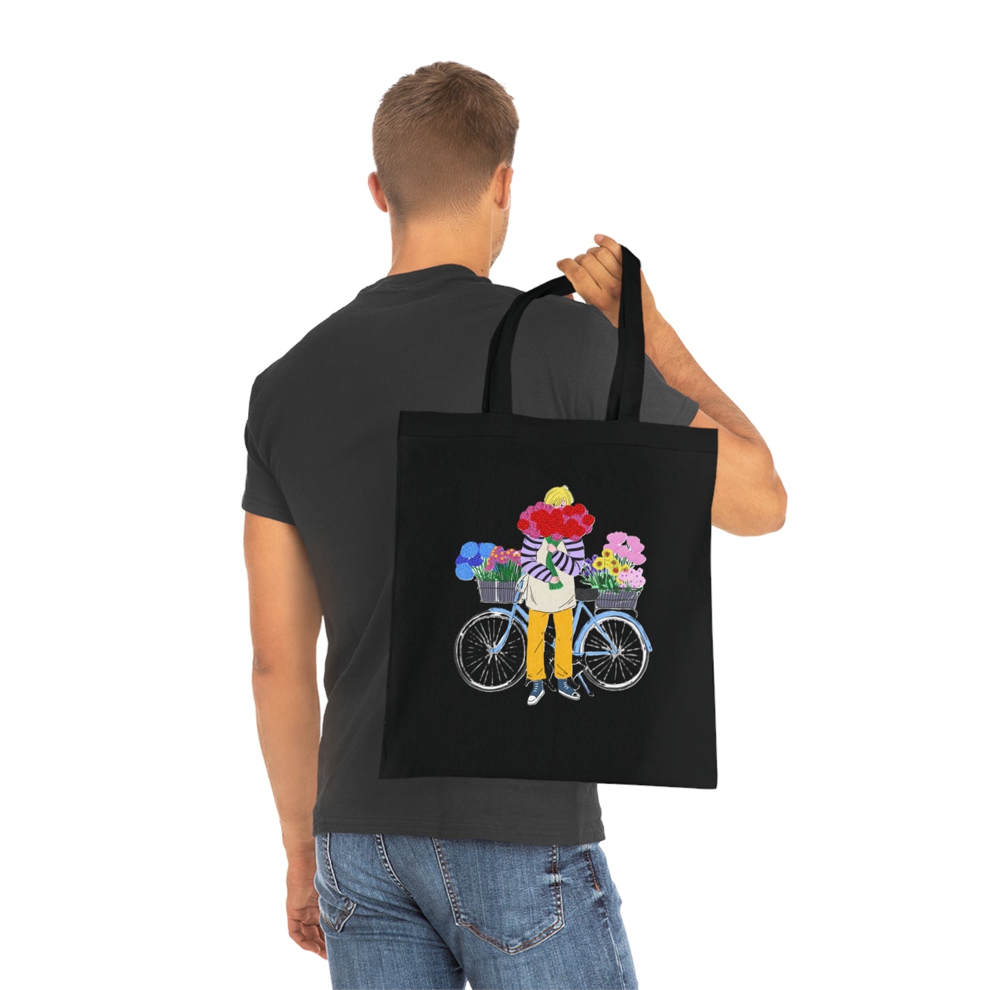 Floral Bike Tote Bag — Cotton Market Tote with Colorful Flower Bicycle Design