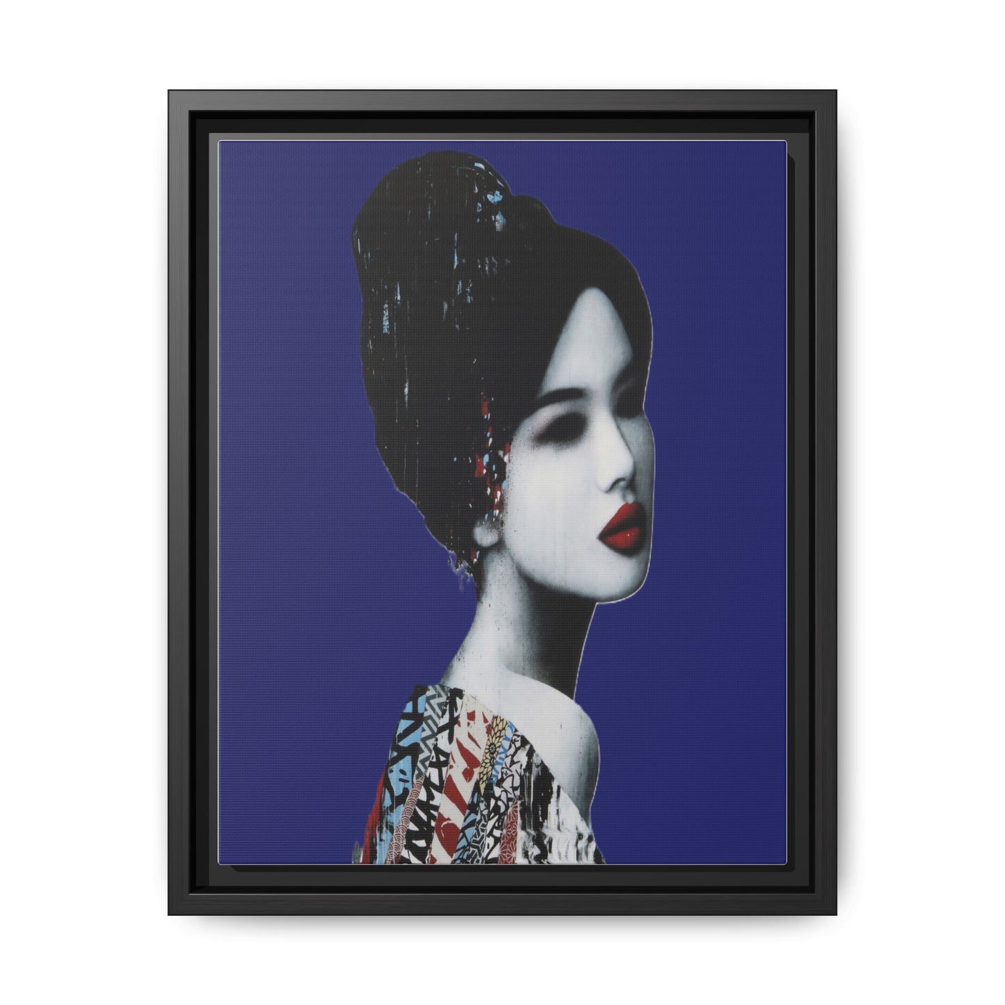 Framed Matte Canvas Art — Elegant Geisha Portrait on Deep Blue