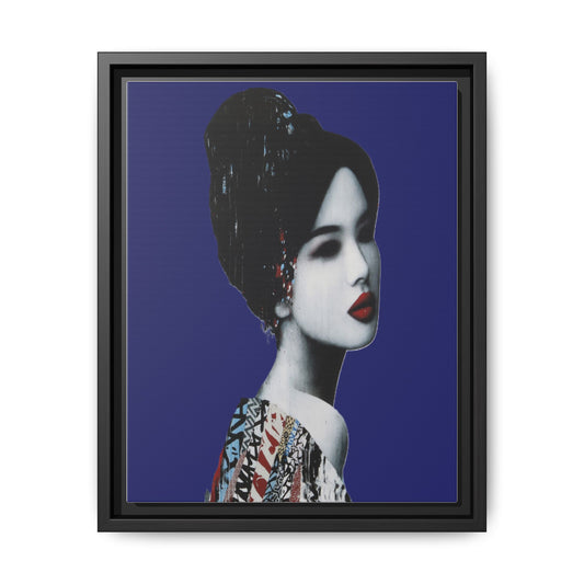 Framed Matte Canvas Art — Elegant Geisha Portrait on Deep Blue