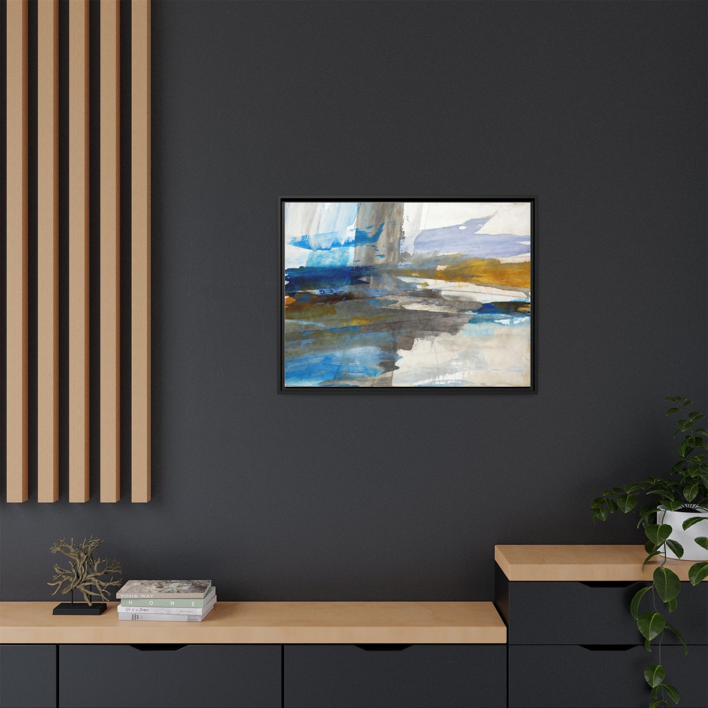 Abstract Blue & Gold Framed Canvas Art — Matte Multi-Color Wall Print