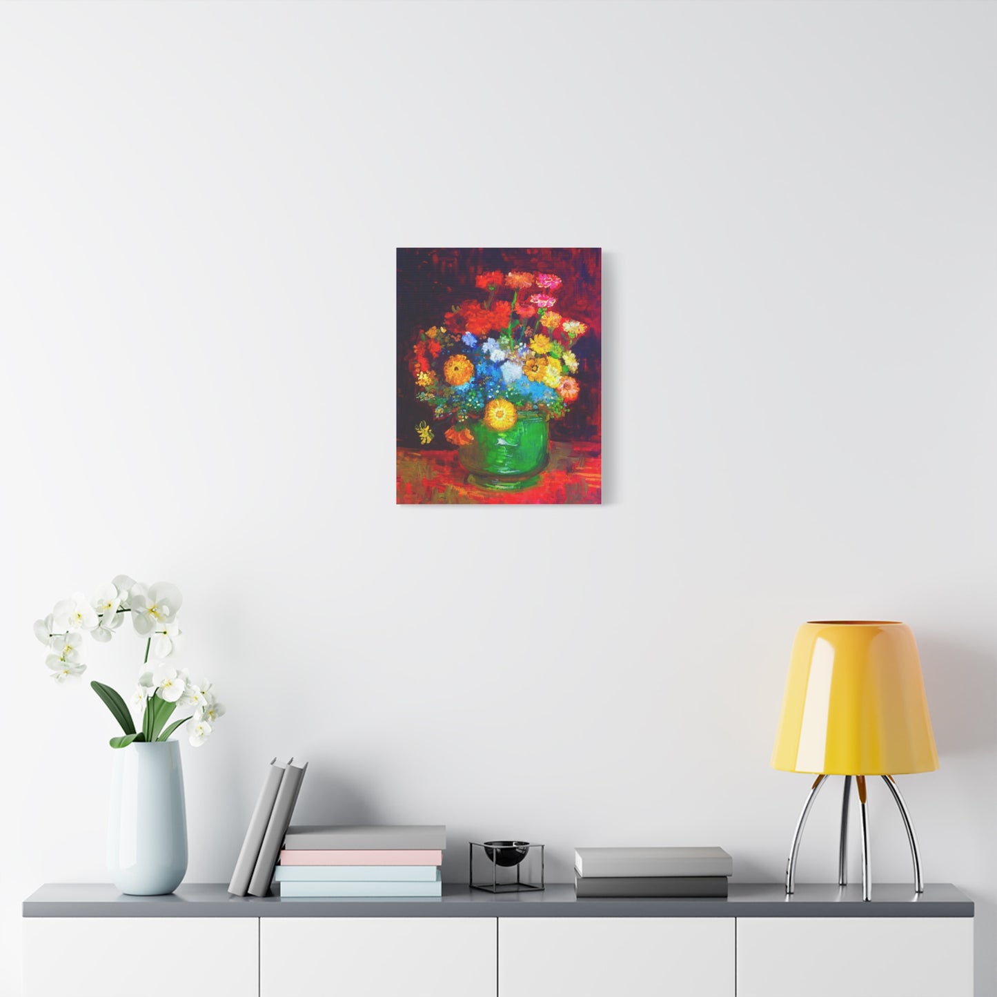 Floral Still Life Canvas Print — Vibrant Bouquet in Green Vase