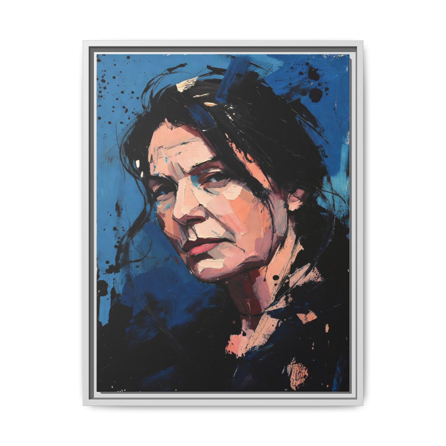 Framed Matte Canvas Portrait — Expressive Blue Painterly Woman Art