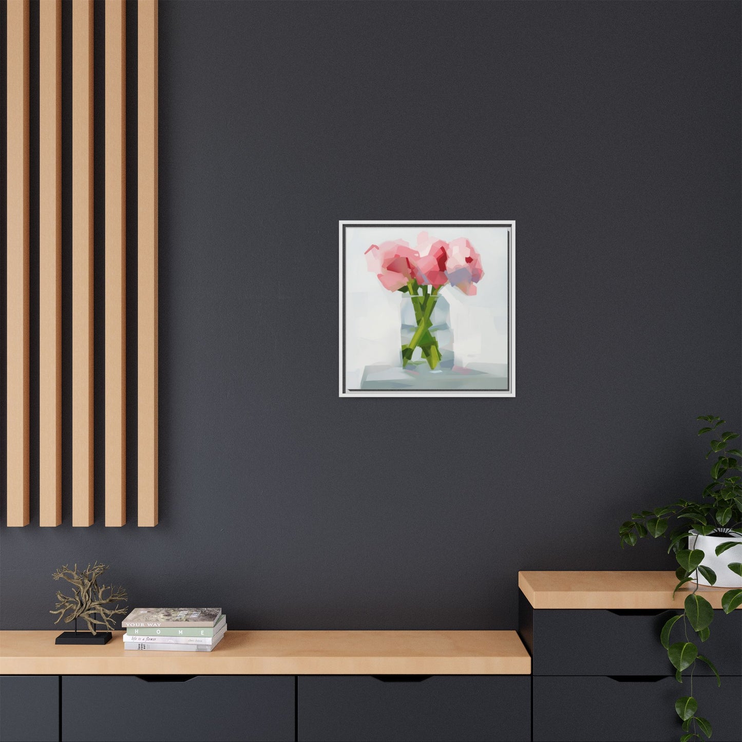 Framed Floral Canvas Art — Pink Peonies in Vase (Matte)
