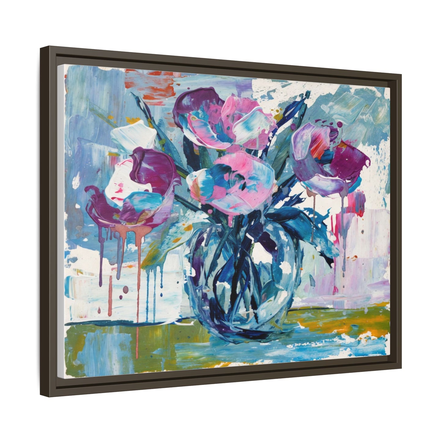 Framed Floral Canvas Art — Abstract Pink & Blue Bouquet