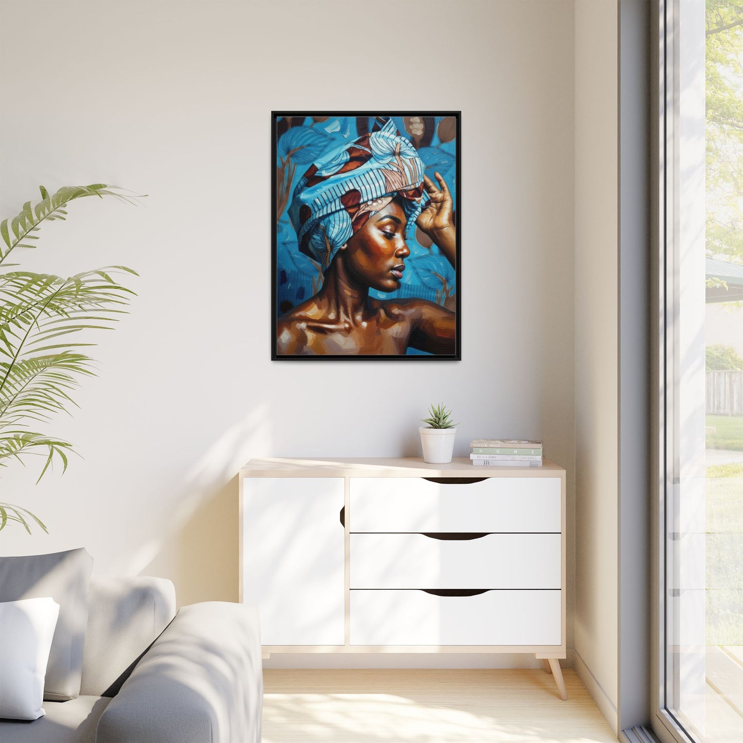 Framed Canvas Art — Portrait of Woman in Blue Headwrap