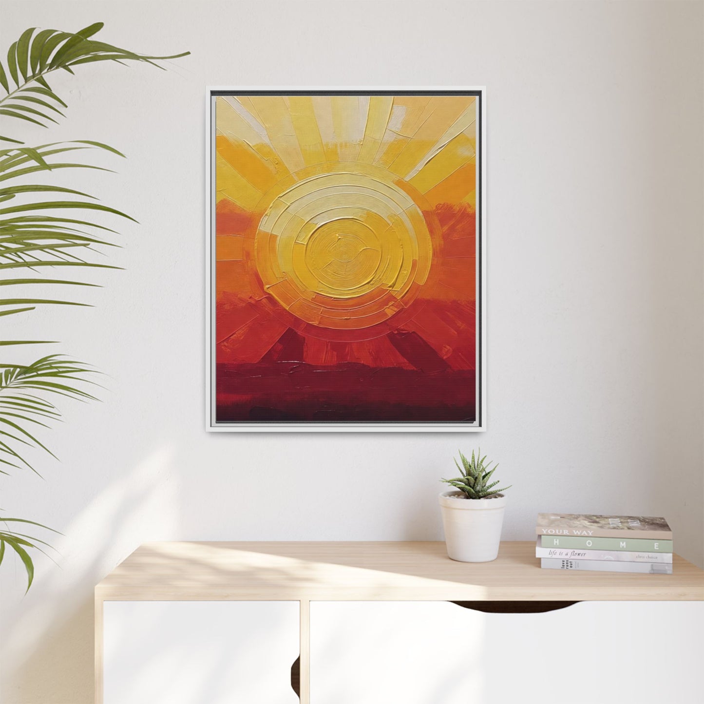Sunburst Abstract Framed Canvas Art — Matte Multi‑Color Wall Print
