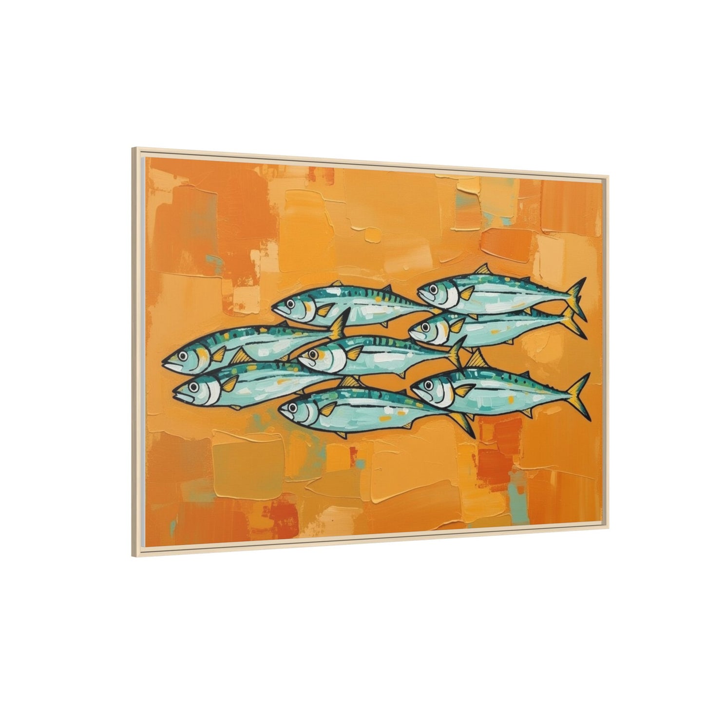 Framed Matte Canvas Print — School of Blue Fish on Orange Abstract Background