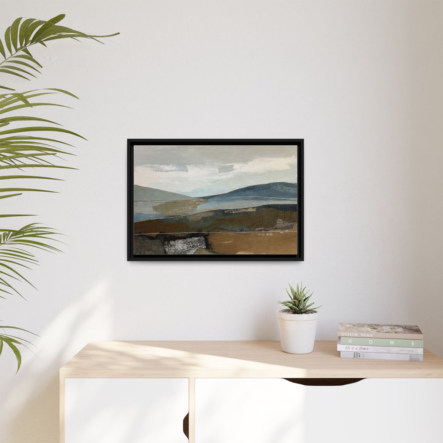 Framed Matte Canvas Landscape Art - Serene Abstract Hills in Blue & Earth Tones