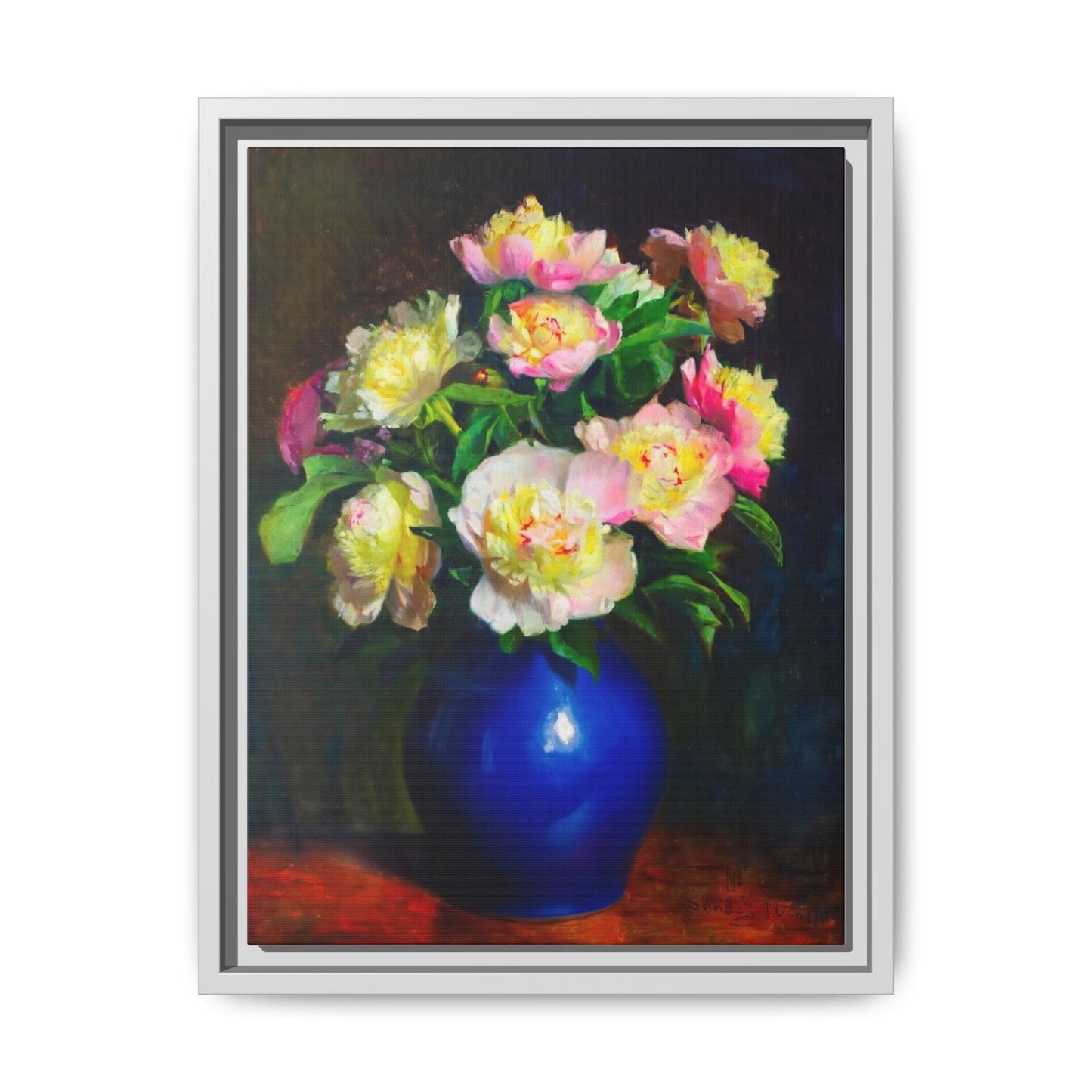 Framed Matte Canvas Wall Art — Vintage Floral Bouquet in Blue Vase