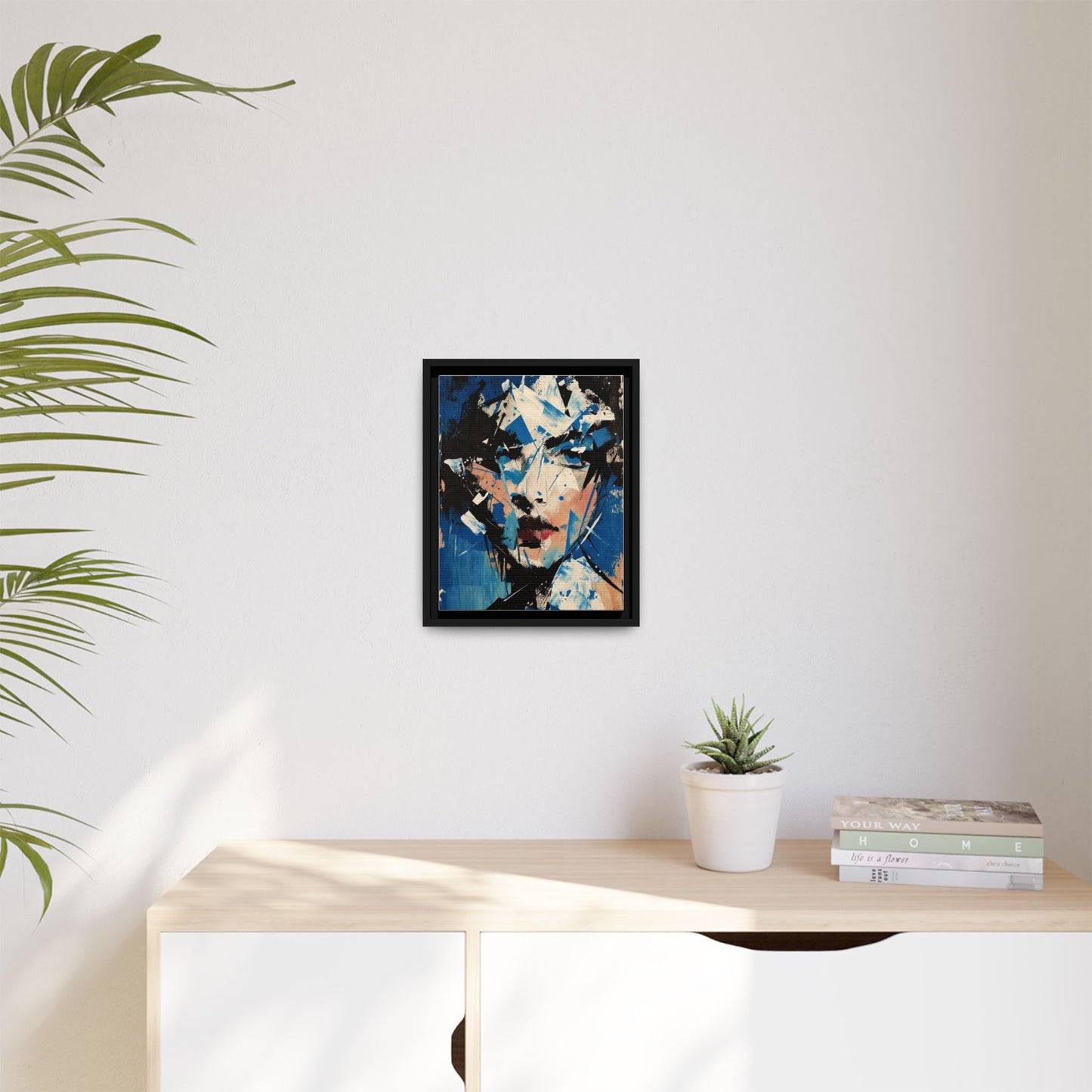 Abstract Portrait Matte Canvas Framed Wall Art — Blue Mixed-Media Face Print