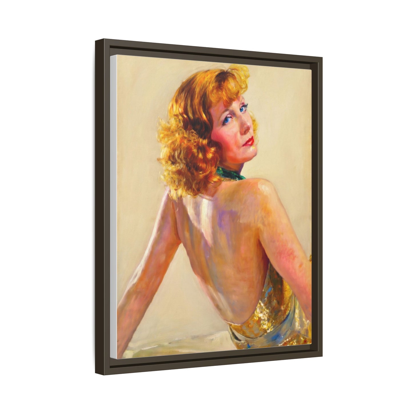 Framed Matte Canvas Print — Vintage Portrait of Redhead Greta Garbo in Gold Dress