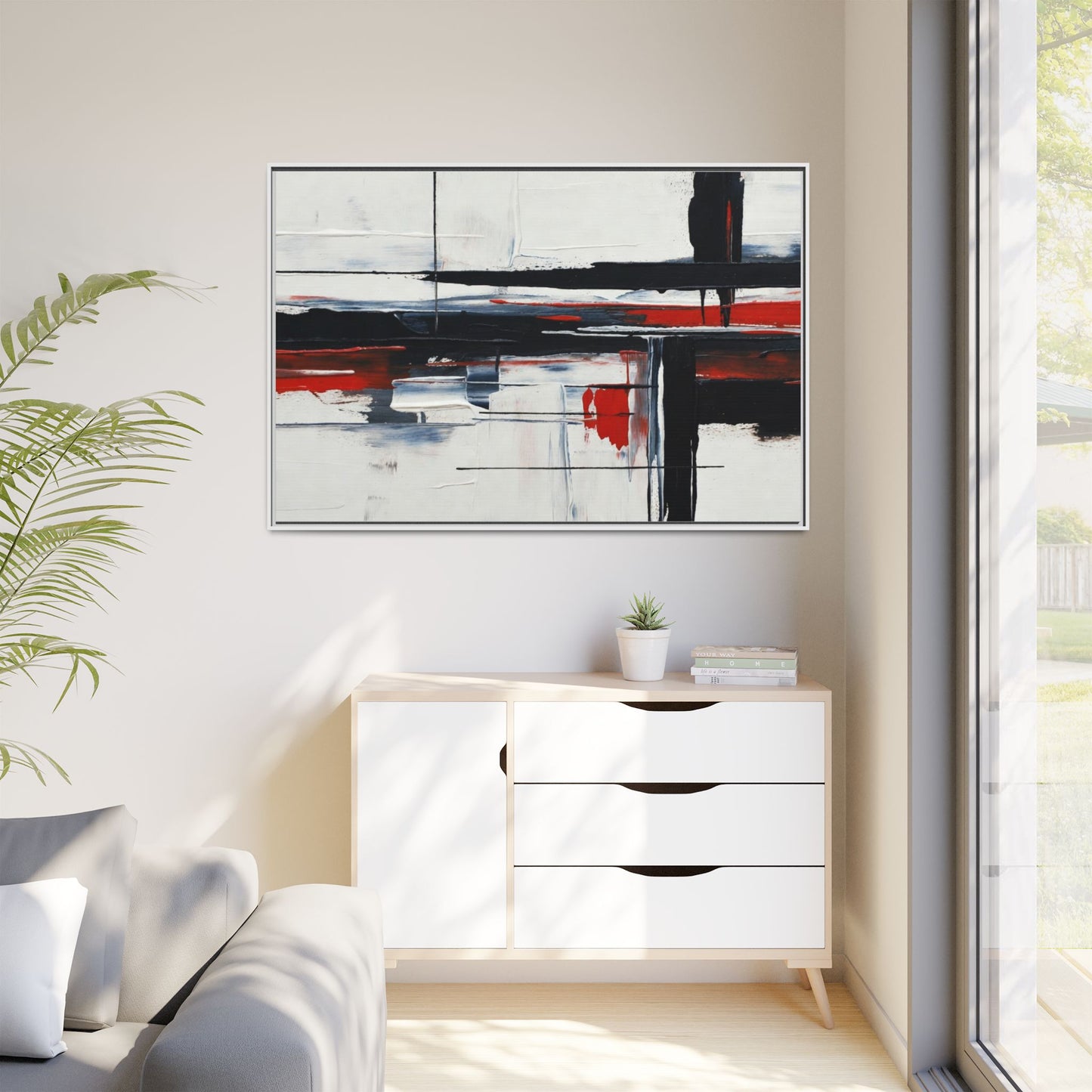 Abstract Red & Black Framed Canvas Art — Modern Matte Wall Painting