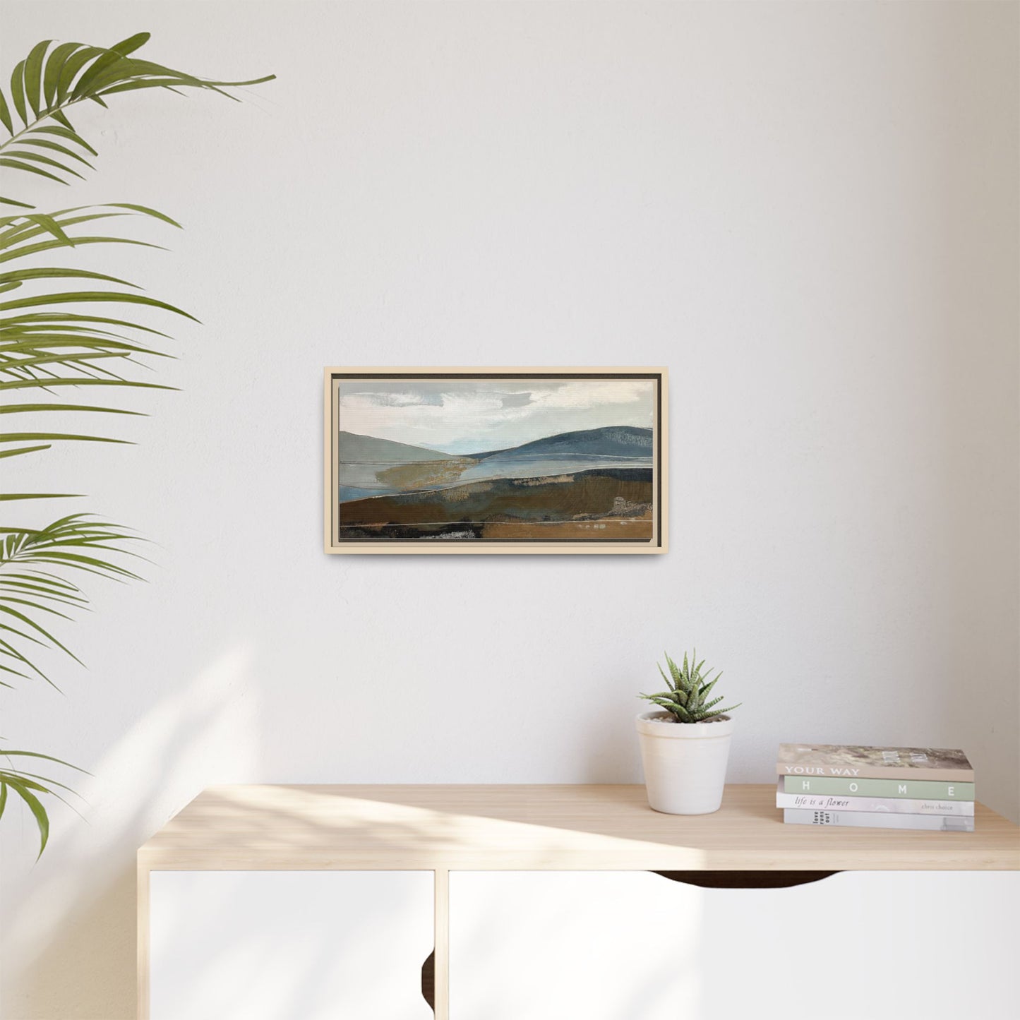 Framed Matte Canvas Landscape Art - Serene Abstract Hills in Blue & Earth Tones